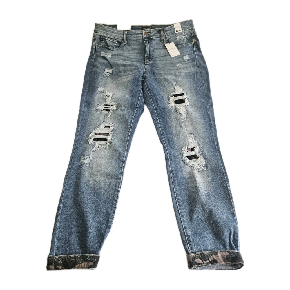 NEW Womens Judy Blue Mid rise Distressed Skinny Fit Jeans‎ Camo Patches Size 2XL